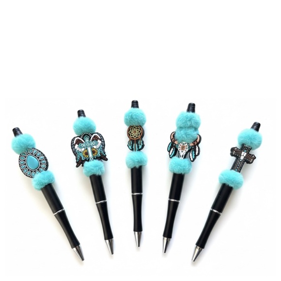 Artisan Other - OOAK Western Artisan Pen , Refill & Bag | Turquoise Furry Pom | Real Touch Charm